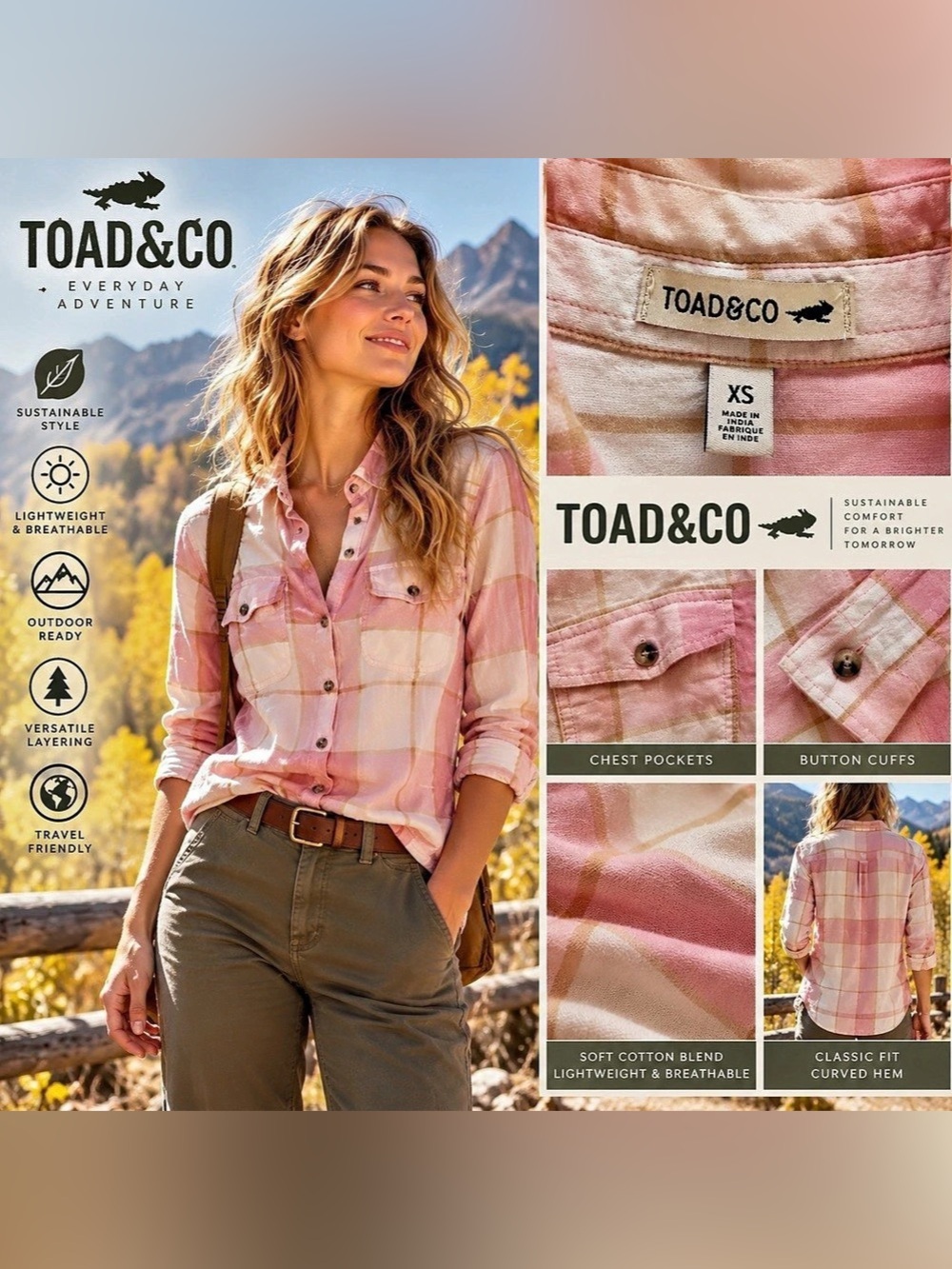 Toad&Co Re-Form Plaid Long Sleeve Shirt Pink & White XS